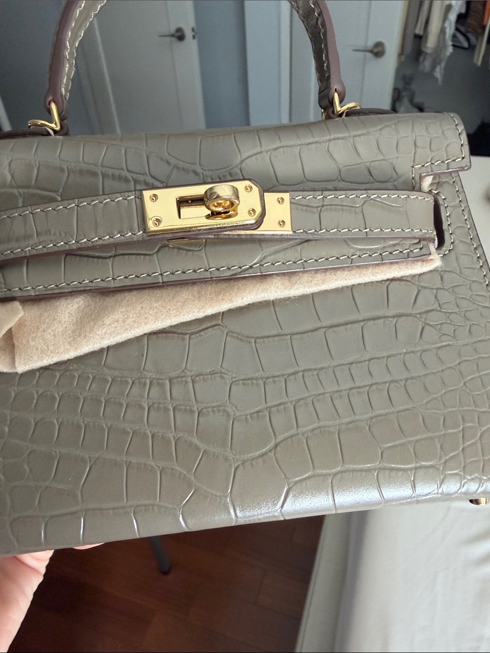 Taupe Croc-Embossed Top Handle Bag with Gold Hardware - Picture 8 of 12